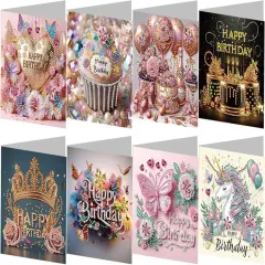8 Pack 5D DIY Diamond Painting Greeting Card Kit, Diamond Art Christmas Birthday Holiday Greeting Card, Art Crafts Kit Creative Gift with Envelope