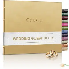 Gallery Leather Guest Book Wedding, Party, Special Events, add Polaroid Photos, 192 Lined Pages, Bonded Leather, Hardcover 7" x 9" Freeport Gold