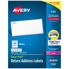 Avery Easy Peel Return Address Labels, Sure Feed Technology, Permanent Adhesive, 1/2" x 1-3/4", 8,000 Labels (5167)