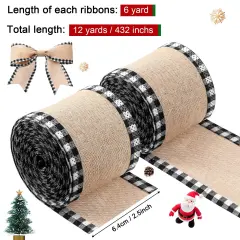2 Rolls Christmas Buffalo Plaid Wired Edge Ribbons Christmas Tree Burlap Fabric Craft Wrapping Ribbon with Checkered Edge, 216 Inch(2.5 Inch Width,Black and White)