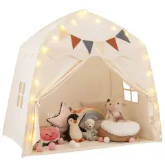 Blue Polyester Kids Play Tent Bed Tent with String Lights, Extra Large Playhouse Tent for Indoor & Outdoor Fun Beige