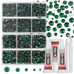 Resin Rhinestones Kit for Crafts,8400 pcs Green Flatback Rhinestones Mixed 5 Sizes 2mm-6mm with B7000 Glue Tweezers and Wax Pencil for Fabric Tumblers and Clothes