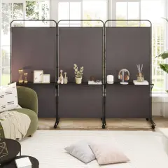 3-Panel Folding Room Divider with 3 Metal Shelves and Lockable Wheels Brown