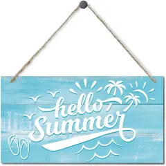 Hello Summer Sign Decor, Sign Decor, Hanging Wood Sign Home Decorative, Printed Wood Wall Art Sign, Summer Welcome Sign, Beach House Door Hanger, Ocean Theme Coastal Decorations for Home or Farmhouse