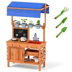 Natural Wood Pretend Play Kitchen with Height-Adjustable Canopy for Kids