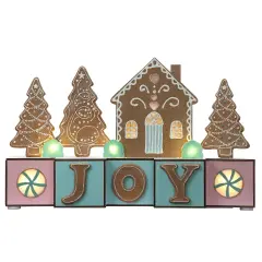 Haute Decor 15 inch Wide Christmas Wood Blocks Lighted Tabletop, Counter, Shelf, or Mantel Decoration - Joy with Gingerbread - Pre-lit and Battery Operated with Automatic Timer