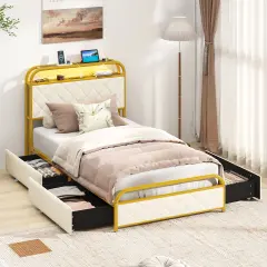 Bed Frame with LED Lights and Charging Station Gold