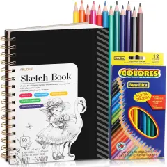 Sketch Book with 12 Color Pencil Set, 100 Sheets Spiral Sketchbook for Drawing (68lb/100gsm), Acid-Free Sketch Pad for Kids Artist, Art Paper Drawing Supplies