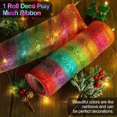Christmas Deco Mesh Wreath Supplies Deco Mesh 10 Inch Ribbon Poly Mesh Ribbon Colorful Metallic Mesh Ribbon for Christmas Tree Party Wedding Garland,10 Inch x 30 Feet (2 Rolls)