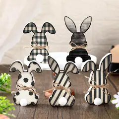 5 Pcs Easter Bunny Wooden Signs Buffalo Plaid Bunny Decor with Jute Rope Easter Decorations for The Home Tabletop Decorations for DIY Home Office Farmhouse