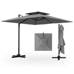 Aluminum 9.5 Feet Cantilever Patio Umbrella with 360&deg; Rotation and Double Top Grey