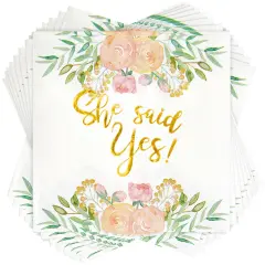 50 Pack Gold Foil She Said Yes Napkins for Engagement Party Supplies, Bridal Shower Decorations, Luncheon, Wedding Decor, Disposable, 3-Ply (White, 5 x 5 Inches)