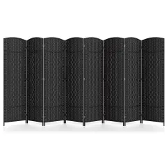 8-Panel Folding Room Divider with Hand-Woven Texture and Solid Wood Frame Black