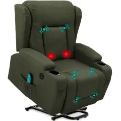 Best Choice Products Electric Power Lift Linen Recliner Massage Chair Furniture w/ USB Port, Heat, Cupholders Olive