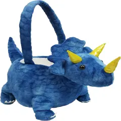 Adorable 3D Dark Blue Plush Triceratops Basket Easter Dinosaur Basket Easter Egg Hunting Basket Halloween Trick or Treat Basket