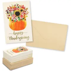 Happy Thanksgiving Greeting Cards, Floral Pumpkin (4 x 6 In, 60 Pack) Multicolor