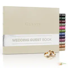 Gallery Leather Guest Book Wedding, Party, Special Events, add Polaroid Photos, 192 Lined Pages, Bonded Leather, Hardcover 7" x 9" Freeport Ivory