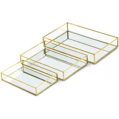 Set of 3 Gold Mirror Vanity Tray for Perfume, Makeup Display, Decorative Rectangle Glass Jewelry Organizer for Bathroom, Dresser (3 Sizes)