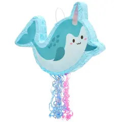 Pull String Narwhal Pinata for Birthday Party Supplies, Under the Sea Party Decorations, Baby Shower (Small, 16.5 x 12.3 x 3 In) Blue