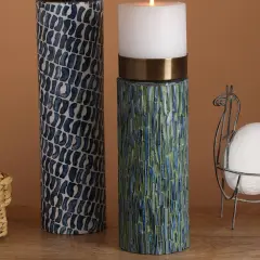 Bone Inlay Chiseled Candle Stand with Brass Top - 4" x 11.5"