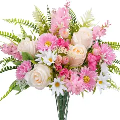 Artificial Flowers Fake Roses Flower Bouquet 13Pcs Silk Flowers with Gerbera Daisy Spring Florals Arrangements for Spring Table Centerpiece Home Wedding Farmhouse Decor（14.96"，Pink）