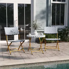 Emma and Oliver Ciel Three Piece Folding Bistro Set in PE Rattan with Metal Frames for Indoor and Outdoor Use Navy & White
