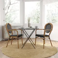 Merrick Lane Celia Stacking Thonet Bistro Style Chair, PE Rattan Seat, and Metal Frame for Indoor/Outdoor Use White&Gray/Natural