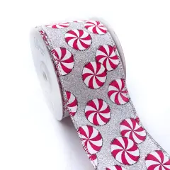 Designer&rsquo;s Shop WR 63-5212 Holiday Peppermint Candy Wired Edge Ribbon &ndash; 2.5" x 10 Yards, Silver Glitter Background