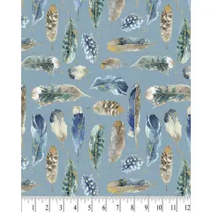 Painted Feathers Blue Cotton Fabric | By the Yard | Sewing and Crafting | 44 inches wide