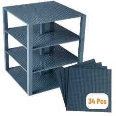 Strictly Briks 4 Pack Classic Stackable Baseplates 10x10 in, Building Bricks Plates with 32 x 32 Studs, Towers, Shelves, 100% Compatible with All Major Brands, 4 Plates & 30 Stackers, Charcoal Gray Black