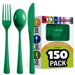 Exquisite Polished Plastic Silverware &ndash; 150 Pcs Heavy Duty Cutlery Set &ndash; 50 Each of Forks, Knives & Spoons &ndash; Disposable Utensil Set for Parties, Events & Catering &ndash; Flatware Set by Party Solids Emerald