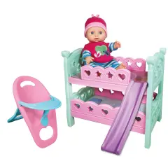 Lissi: 12" Doll Set: Bunk Bed & highchair - Pink, Green, Blue - 3pc Baby Doll Feeding & Sleep Toy Playset, Heart & Bird Outfit, Kids & Toddlers 2+
