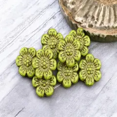 *12* 14mm Dark Bronze Washed Opaque Gaspeite Green Wildflower Beads