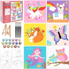Kids Paint by Number Kits Including 6 Pre-Drawn Canvas for Painting, 6 Brushes 17 Paints and 2 Easels, Perfect Art Painting Kit for Kids, Arts and Crafts Painting for Kids Ages 8-12