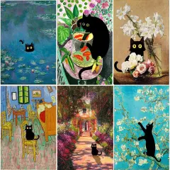 Diamond Painting for Adults and Beginners - 6pcs, 5D Round Diamond Digital Painting Kit, DIY Black Cat Diamond Art Painting, Matisse Van Gogh Living Room Bedroom Decoration (11.8x15.7 inches)