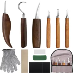 12-Piece Wood Carving Tool Set with Hook Knife, Detail Knife, Chipping Knife, Cut-Resistant Gloves, Sandpaper & Sharpening Strop &ndash; Complete Carving Kit with Carrying Bag for Beginners & Professionals