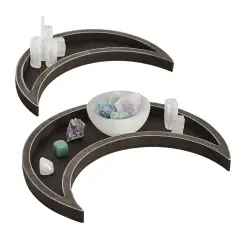 2 Piece Wooden Crescent Moon Tray for Crystals and Essential Oils, Rustic Home Decor for Nursery (Dark Brown)