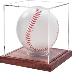 Baseball Display Case, No Assembly Required Clear Cube Tennis Ball Holder with Solid Wooden Base, Autograph Baseball Stand Box for Single Ball (1 Pack)