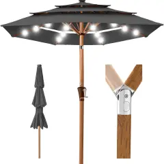 Best Choice Products Woodgrain Pattern 10ft 3-Tier Solar Patio Umbrella w/ 24 LED Lights, Tilt Gray