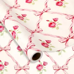 Pink Bow Floral Wrapping Paper -Mini Roll- 17 Inch x 32.8 Ft Flower Bow Knot Gift Wrap Paper Pink Art Paper for Wedding Birthday Supplies