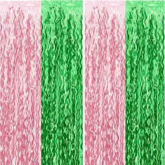 Pink and Green Wavy Tinsel Foil Fringe Curtains Photo Booth Backdrop for Green Pink Theme Birthday Party Witch Decorations(2 Pack,3.2 ft x 6.6 ft)