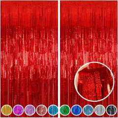 2 Pack Red Tinsel Foil Fringe Curtains Backdrop, Sparkle Tinsel Backdrop Curtains for Birthday Party Decorations