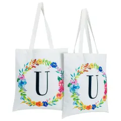 Set of 2 Reusable Monogram Letter U Personalized Canvas Tote Bags for Women, Floral Design (29 Inches) White