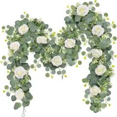 2Pcs(13 Ft) Artificial Eucalyptus Flower Garland with White Rose Flowers,Faux Rose Vine Gypsophila Garland,Floral Garland Greenery Garland for Home Party Wedding Table Decor (White, 2PCS)