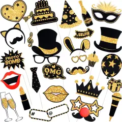 30 Pieces Photo Booth Props, Gold Black Glitter Photo Booth Props for Birthday, Wedding, Graduation, Bachelorette Party, Happy New Year Eve Party Decorations Supplies