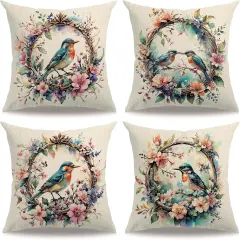 4Pack Watercolor Birds Pillow Covers Orange Spring Wreath With Birds Cushion Cover Farmhouse Summer Tropical Flowers Decorative Pillowcases 18x18 inch for Patio Furniture Bed (Orange, 18&rdquo;&times;18&rdquo;)