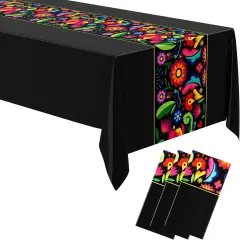 3 Pcs Fiesta Tablecloth 108 x 54 Inch Plastic Tablecover Mexican Waterproof Tablecloth Disposable Table Cover for Taco Night Festive Mexican Fiesta Wedding Party Decoration (Black)