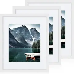 11x14 Picture Frames set of 3, Made of Glass and White Wooden Photo frame - Displays 8x10 Picture with Mat or 11 x 14 Poster without Mat, Wall Collage Frame set