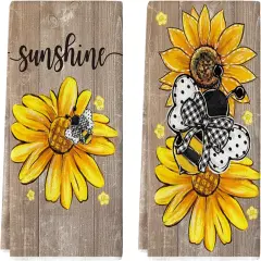 Artoid Mode Wood Sunflowers Bee Sunshine Spring Kitchen Towels Dish Towels, 18x26 Inch Farmhouse Summer Floral Decoration Hand Towels Set of 2