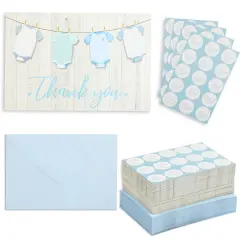 60 Pack Baby Shower Thank You Cards with Blue Envelopes for Boy, 4x6 inch with Clothesline Design and Includes 60 Cute Stickers for Appreciation